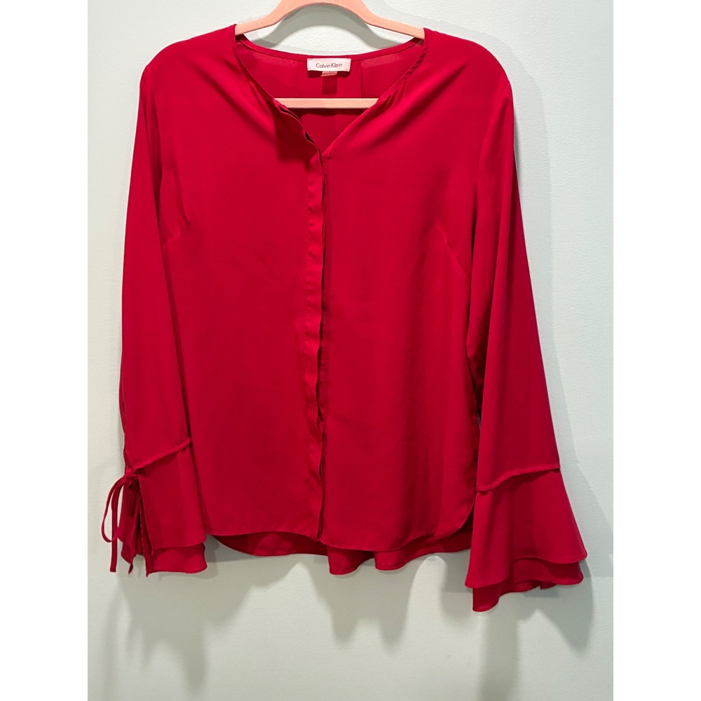 Calvin Klein Womens Red Bell Sleeve Tie Detail V-Neck Blouse Large